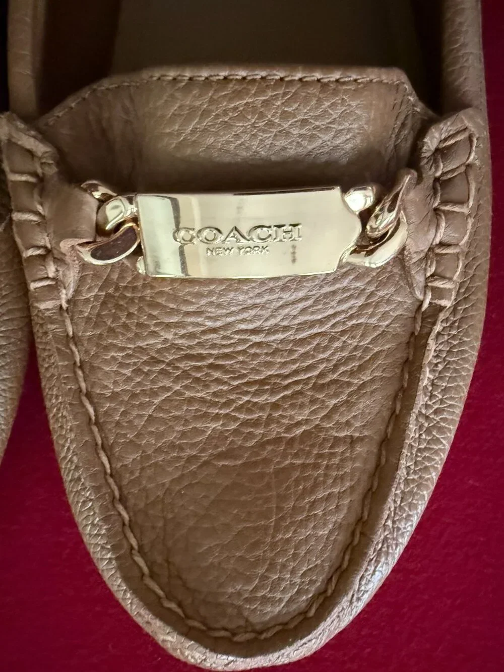 COACH Fredrica Tan Pebbled Leather Driving Loafers Gold Hardware Size 10B